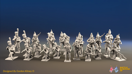 Napoleonic French Foot Dragoon Battalion Skirmishing - Bearskin Elite Troops - 24 figures, front view