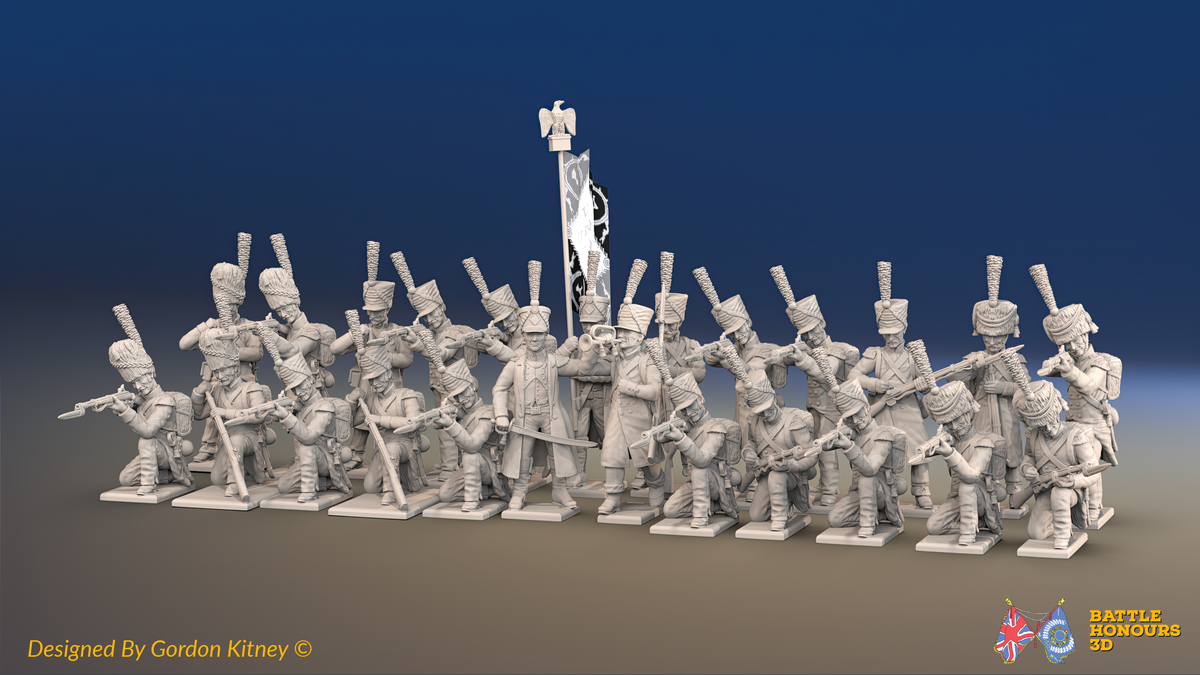 Napoleonic French Light Infantry Battalion Kneeling Firing Line - Greatcoats - 24 figures, front view