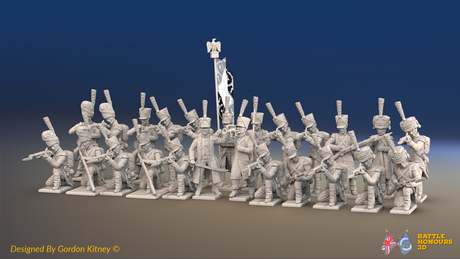 Napoleonic French Light Infantry Battalion Kneeling Firing Line - Greatcoats - 24 figures, front view