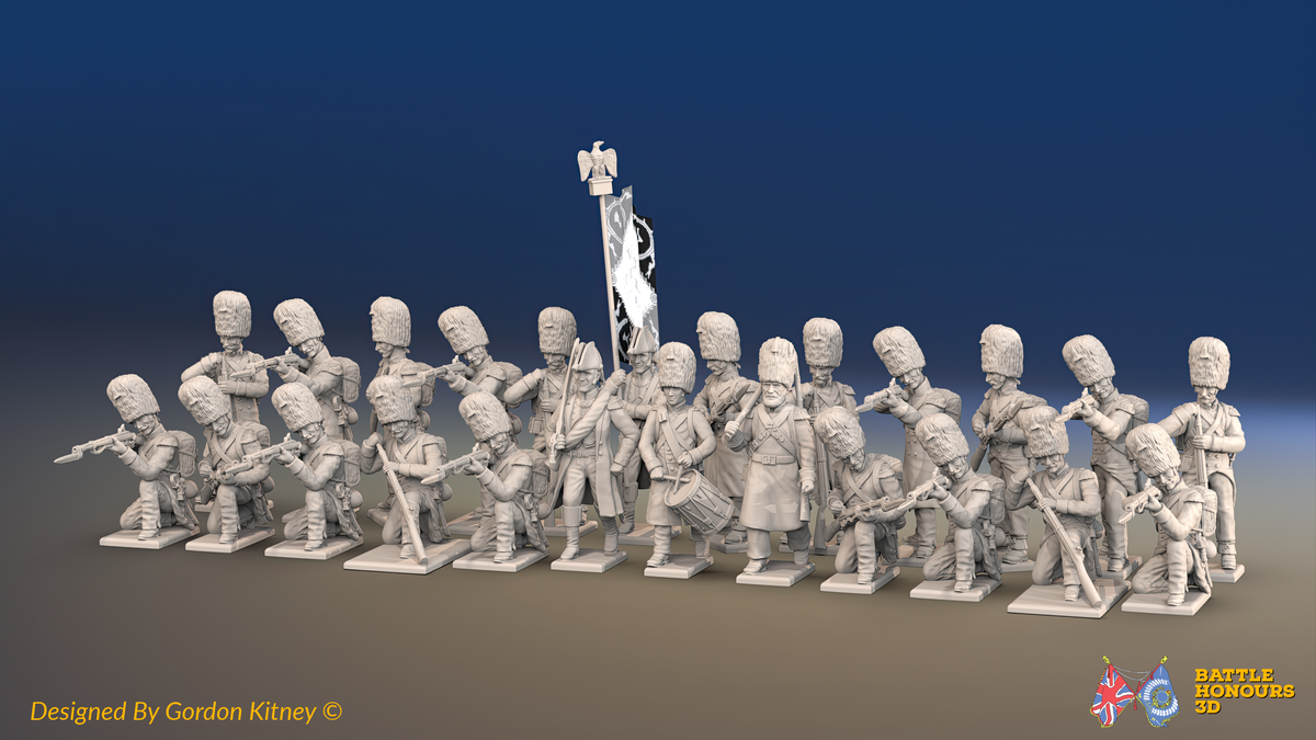 Napoleonic French Old Guard Chasseurs Battalion Firing Line - Greatcoats - 24 figures, front view