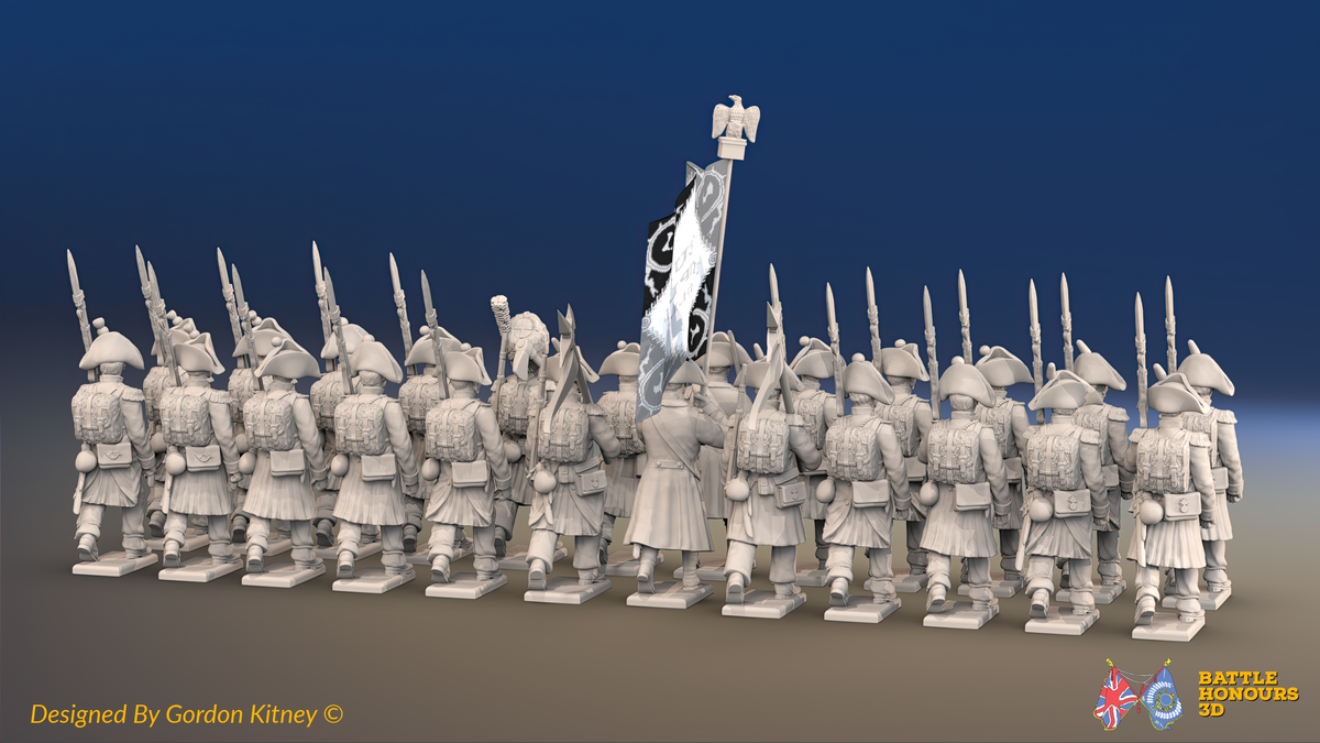 Napoleonic French Line Infantry Battalion Marching - Greatcoats, Bicornes - 24 figures, rear view