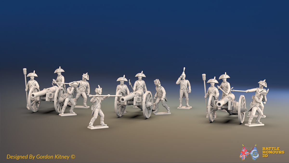 Napoleonic French Foot Artillery Battery - Bicornes and Trousers - 3 guns and 13 figures, front view
