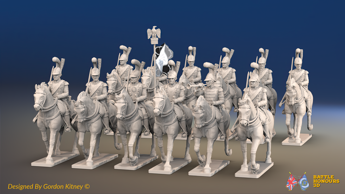 Napoleonic French Carabinier Regiment - Helmets, Trotting - 12 mounted figures, front view