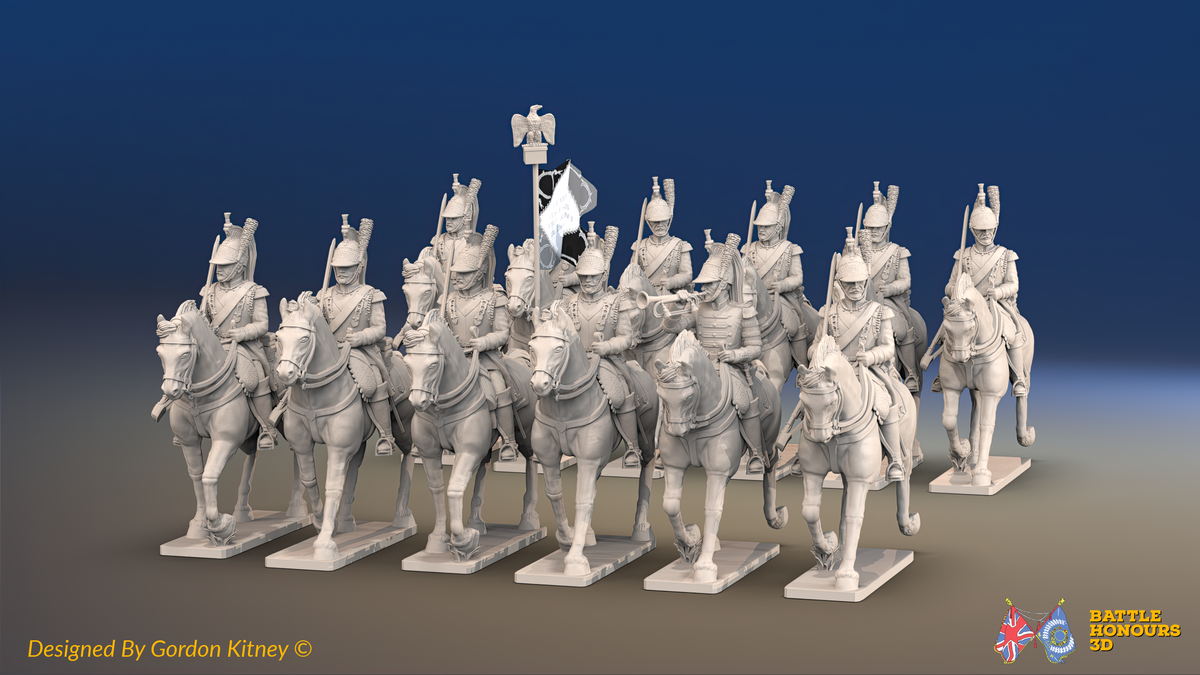 Napoleonic French Cuirassier Regiment - Trotting - 12 mounted figures, front view