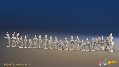 Napoleonic French Dismounted Dragoons - 19 figures and 4 horses, front view
