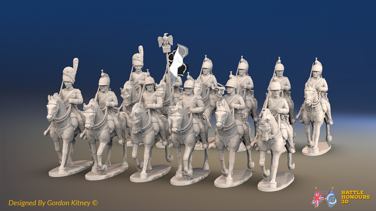 Napoleonic French Dragoon Regiment - Covered Helmets, Trotting - 12 mounted figures, front view