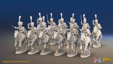 Napoleonic French Hussar Regiment - Full Dress, Galloping - 12 mounted figures, front view