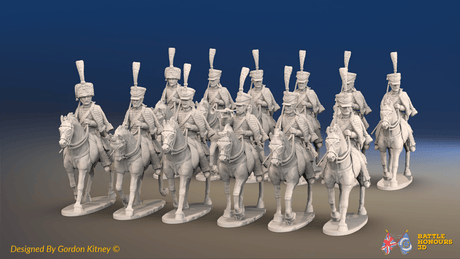 Napoleonic French Hussar Regiment - Full Dress, Trotting - 12 mounted figures, front view