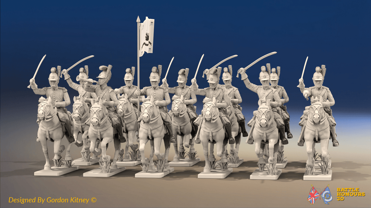 Napoleonic Portuguese Dragoon Regiment - Tarleton Helmets, Galloping - 12 mounted figures, front view