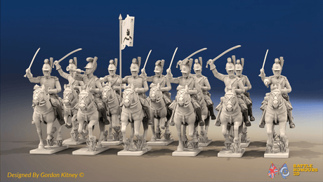 Napoleonic Portuguese Dragoon Regiment - Tarleton Helmets, Galloping - 12 mounted figures, front view
