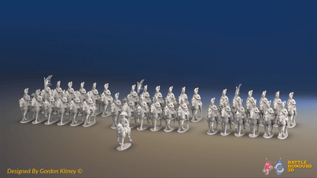 Napoleonic Spanish Light Cavalry Brigade - Tarleton Helmets, Trotting - 37 mounted figures, front view