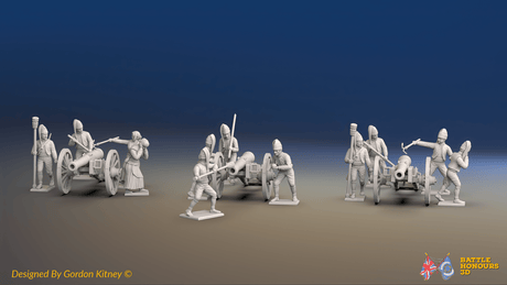 Napoleonic Spanish Foot Artillery Battery - Forage Caps - 3 guns and 12 figures, front view