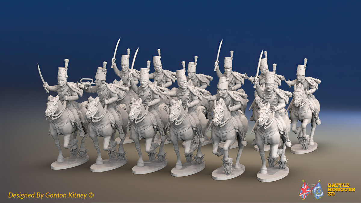 Napoleonic Spanish Hussar Regiment - Galloping - 12 mounted figures, front view