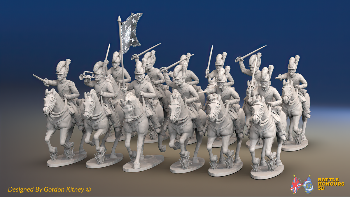 Napoleonic Spanish Light Cavalry Regiment - Tarleton Helmets, Galloping - 12 mounted figures, front view