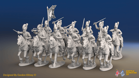 Napoleonic Spanish Light Cavalry Regiment - Tarleton Helmets, Galloping - 12 mounted figures, front view