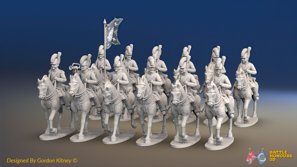 Napoleonic Spanish Light Cavalry Regiment - Tarleton Helmets, Trotting - 12 mounted figures, front view