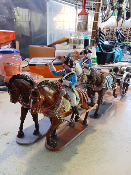 Jasmine Hoansen's painted 75mm Battle Honours 3D Napoleonic French 4-horse limber, bicorne, trotting - full team view