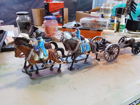 Painted 75mm Battle Honours 3D Napoleonic French 4-horse limber with bicorne-clad riders - side view