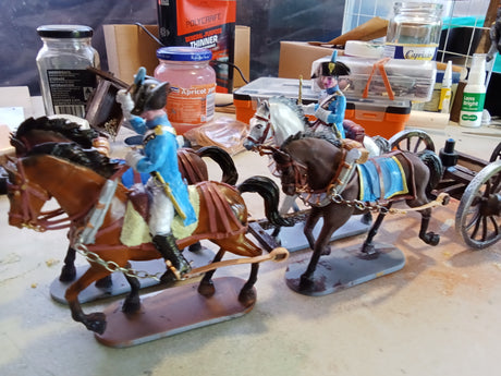 Close side view of painted 75mm Napoleonic French artillery train riders and horses from Battle Honours 3D