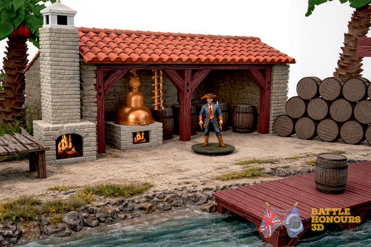 Colonial Caribbean distillery terrain model graphic