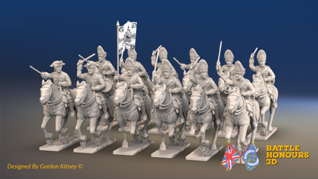 Seven Years’ War Prussian Dragoon Regiment - Galloping - Set 2 - 12 Mounted Figures, front view. Supplied unpainted.