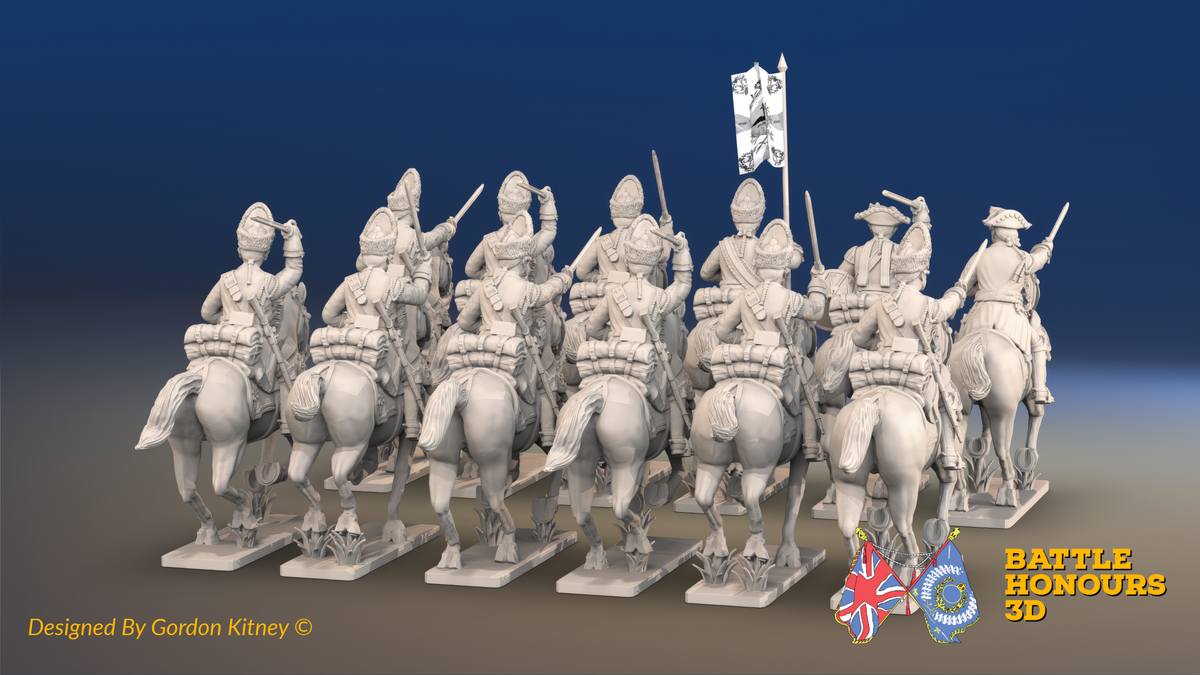 Seven Years’ War Prussian Dragoon Regiment - Galloping - Set 2 - 12 Mounted Figures, rear view. Supplied unpainted.