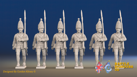 Seven Years’ War Prussian Grenadiers - March Attack - Set 6, front view. Supplied unpainted.