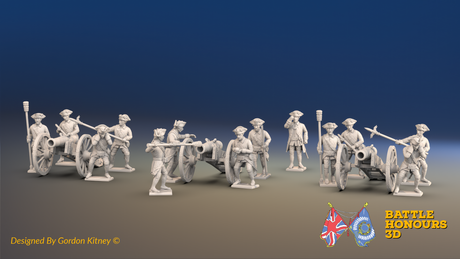 Seven Years’ War Russian Artillery Battery - 12-Pounders - Unicorns - Winter Uniform - 3 Guns and 13 Figures, front view. Supplied unpainted.