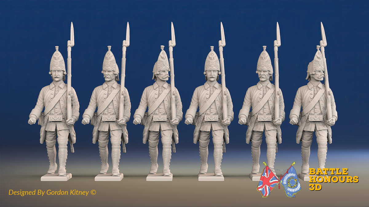 Seven Years’ War Russian Grenadiers - March Attack - Winter Uniform, front view. Supplied unpainted.