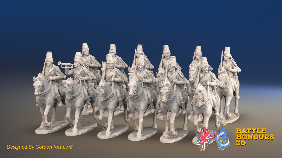 Seven Years’ War Prussian Hussar Regiment - Trotting - Mirlitons with Skull Badges - 12 Mounted Figures, front view. Supplied unpainted.