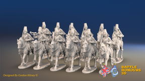 Seven Years’ War Prussian Hussar Regiment - Trotting - Mirlitons with Skull Badges - 12 Mounted Figures, front view. Supplied unpainted.