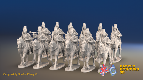 Seven Years’ War Prussian Hussar Regiment - Trotting - Mirlitons, Set 1 - 12 Mounted Figures, front view. Supplied unpainted.