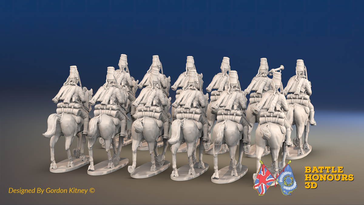 Seven Years’ War Prussian Hussar Regiment - Trotting - Mirlitons with Skull Badges - 12 Mounted Figures, rear view. Supplied unpainted.