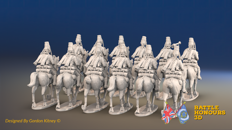 Seven Years’ War Prussian Hussar Regiment - Trotting - Mirlitons, Set 1 - 12 Mounted Figures, rear view. Supplied unpainted.