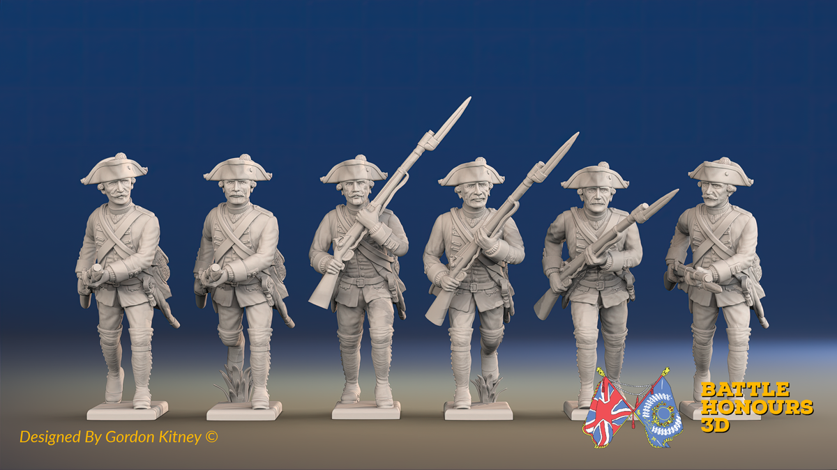 Seven Years’ War Prussian Musketeers - Charging - Straight Lapel Lace, front view. Supplied unpainted.