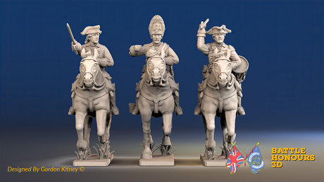 Seven Years’ War Prussian Dragoons Command - Galloping - Set 2 - Command 1, front view. Supplied unpainted.
