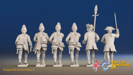 Seven Years’ War Prussian Fusiliers Command - Charging - Set 3, rear view. Supplied unpainted.