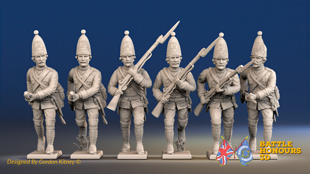 Seven Years’ War Prussian Grenadiers - Charging - Plain Lapels, front view. Supplied unpainted.