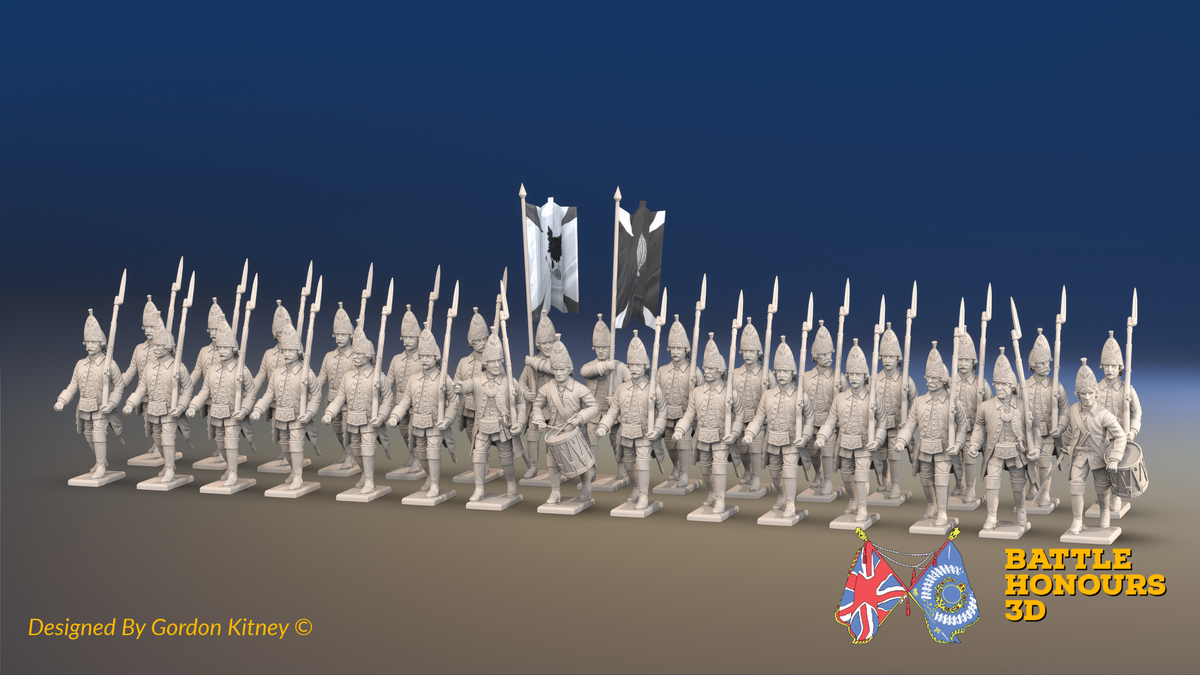 Seven Years’ War Russian Grenadier Battalion - March Attack - Winter Uniform - Observation Corps - 30 Figures, front view. Supplied unpainted.