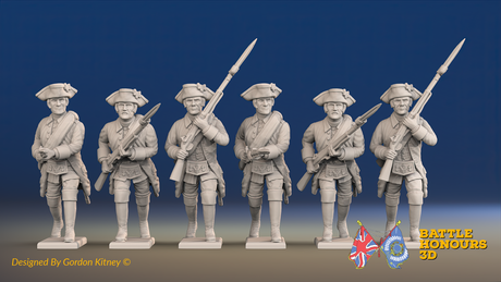 Seven Years’ War Russian Musketeers - Advancing - Winter Uniform - Observation Corps - Rolled Coats, front view. Supplied unpainted.