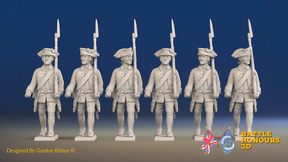 Seven Years’ War Russian Musketeers - March Attack - Winter Uniform, front view. Supplied unpainted.