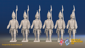 Seven Years’ War Russian Grenadiers - March Attack - Winter Uniform - Observation Corps, front view. Supplied unpainted.
