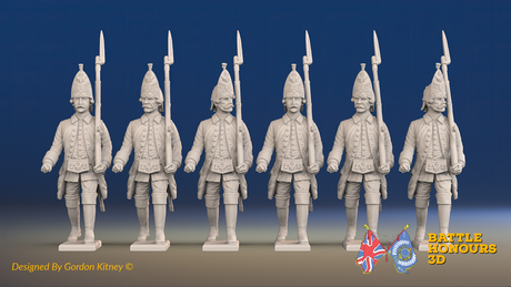 Seven Years’ War Russian Grenadiers - March Attack - Winter Uniform - Observation Corps, front view. Supplied unpainted.
