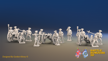 Seven Years’ War Russian Artillery Battery - 12-Pounders - Unicorns - Summer Uniform - 3 Guns and 13 Figures, front view. Supplied unpainted.