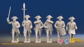 Seven Years’ War Prussian Musketeers Command - Charging - Straight Lapel Lace, front view. Supplied unpainted.