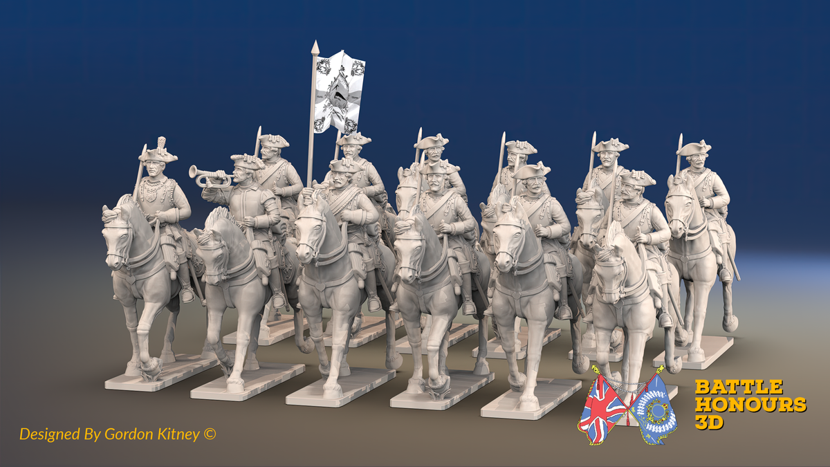 Seven Years’ War Prussian Cuirassier Regiment, front render; 12 mounted figures. Supplied unpainted; flags not included.