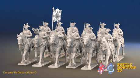 Seven Years’ War Prussian Cuirassier Regiment, front render; 12 mounted figures. Supplied unpainted; flags not included.