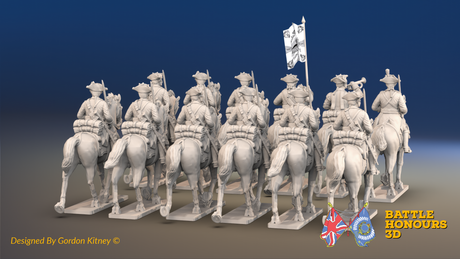 Seven Years’ War Prussian Cuirassier Regiment, rear render; 12 mounted figures. Supplied unpainted; flags not included.