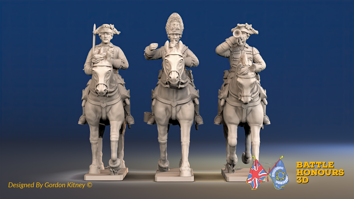 Seven Years’ War Prussian Dragoons Command - Trotting - Set 2 - Command 1, front view. Supplied unpainted.