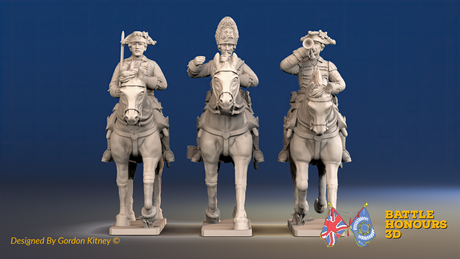 Seven Years’ War Prussian Dragoons Command - Trotting - Set 2 - Command 1, front view. Supplied unpainted.